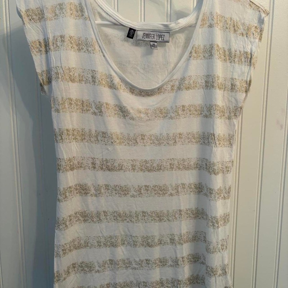 Jennifer Lopez Womens White Gold Horizontal Striped Scoop Neck Top XS